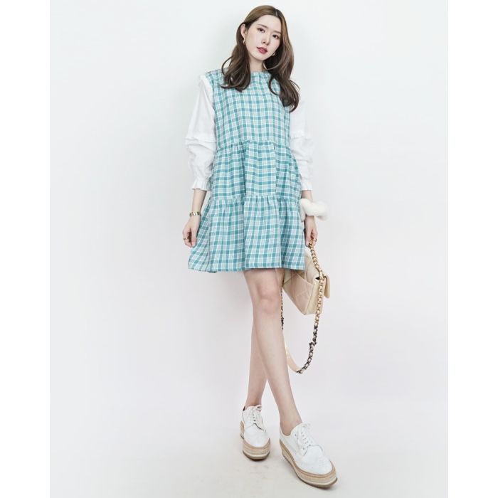 BLAIR PLAID RUFFLE OVERSIZED DRESS-TURQUOISE