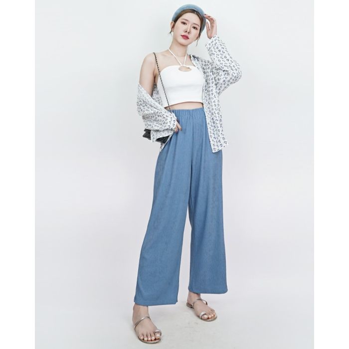 GLAM SHEEN BASIC RIBBED PANTS-BLUE