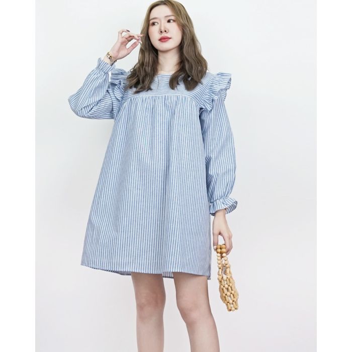 WINDY STRIPE OVERSIZED COTTON DRESS-BLUE