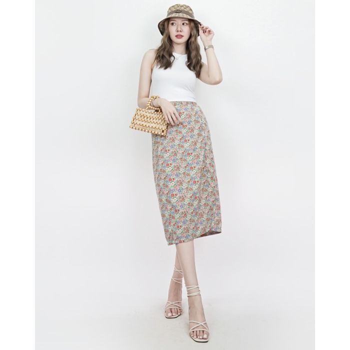 ZINNIA FLORAL MIDI SKIRT-MATCHA