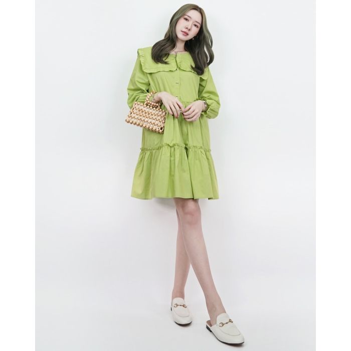 PANCAKE SQUARE COLLAR OVERSIZED COTTON DRESS-LIME