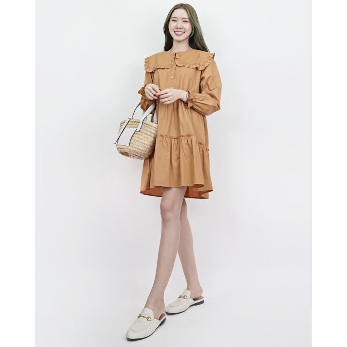 PANCAKE SQUARE COLLAR OVERSIZED COTTON DRESS-TAN