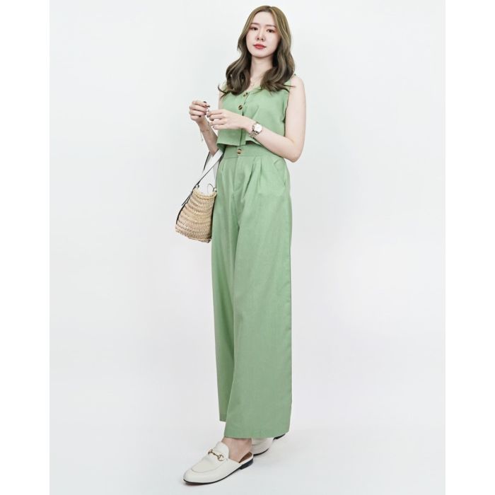 BORA SLEEVELESS TOP & PANTS LINEN SET-MATCHA