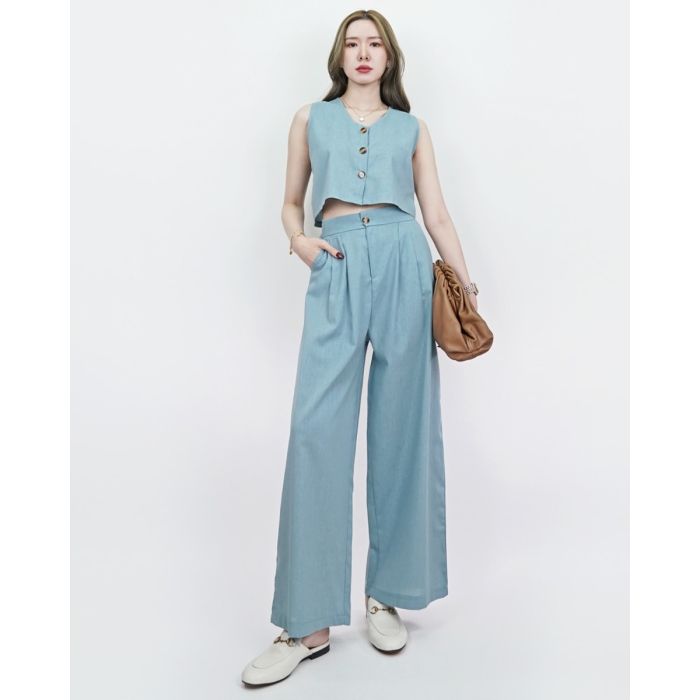 BORA SLEEVELESS TOP & PANTS LINEN SET-BLUE