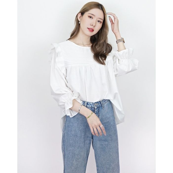 GRETEL PINTUCK RUFFLE COTTON BLOUSE-WHITE