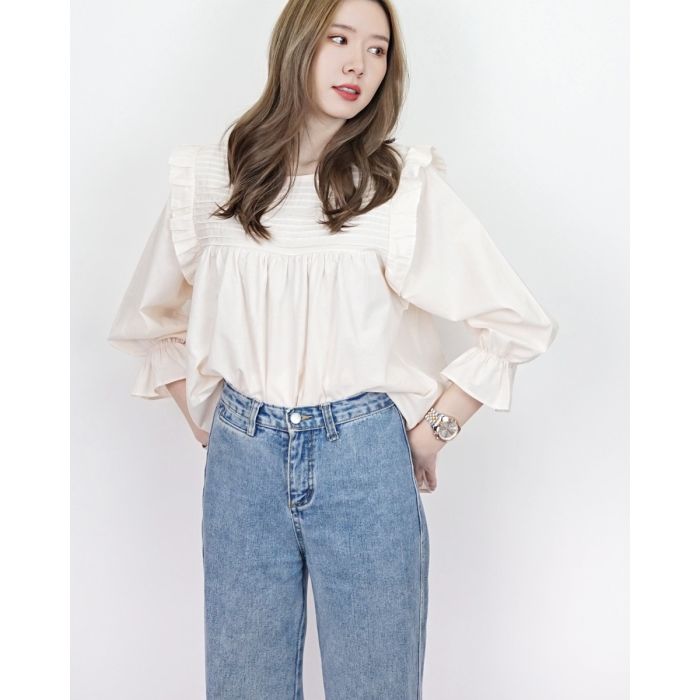 GRETEL PINTUCK RUFFLE COTTON BLOUSE-EGGSHELL