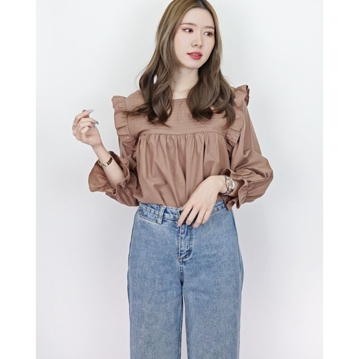 GRETEL PINTUCK RUFFLE COTTON BLOUSE-BROWN