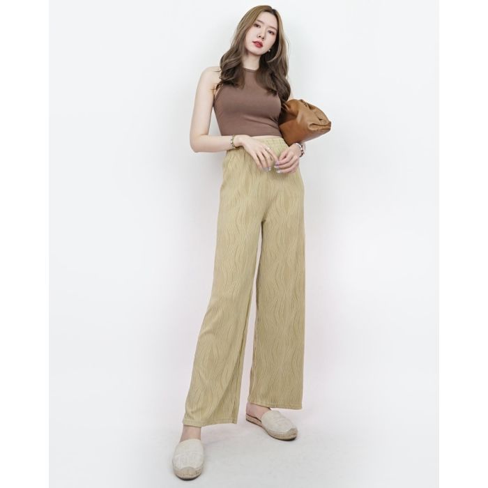 WAVY EMBOSSED COTTON JERSEY PANTS-MUSTARD