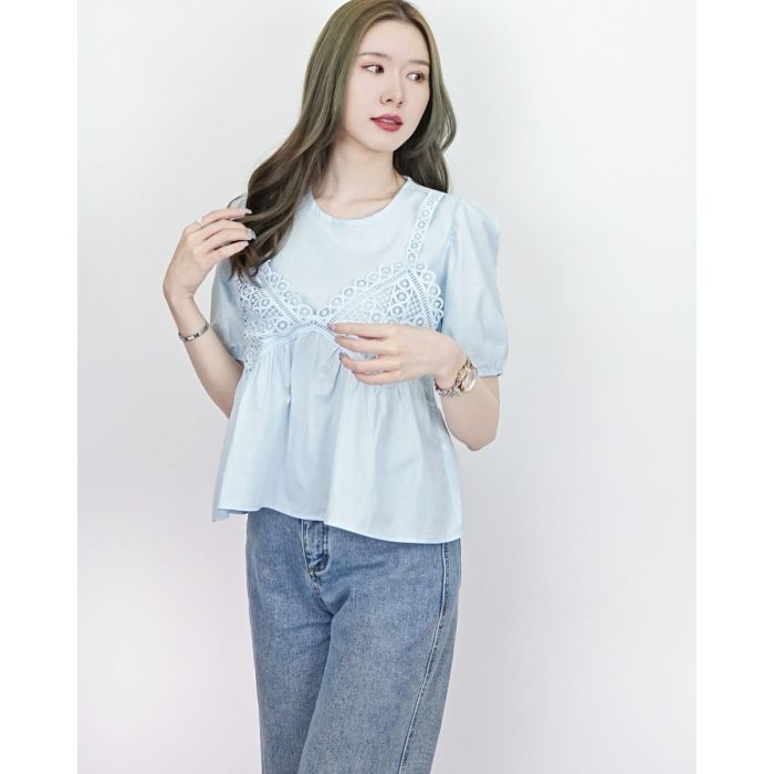 VENICE LACE SINGLET COTTON BLOUSE-BLUE