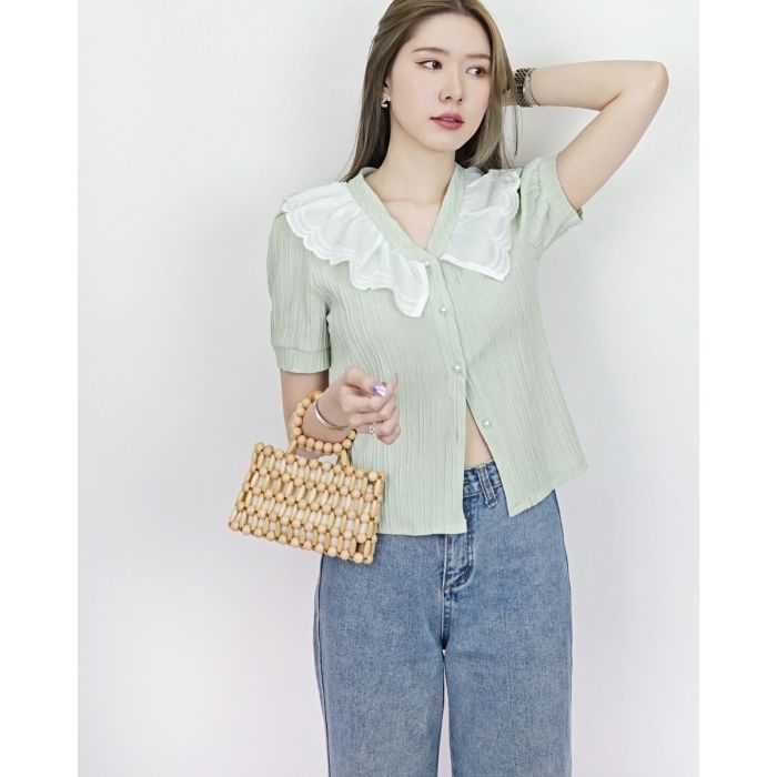 MINDY TEXTURED LACE COLLAR BLOUSE-SAGE