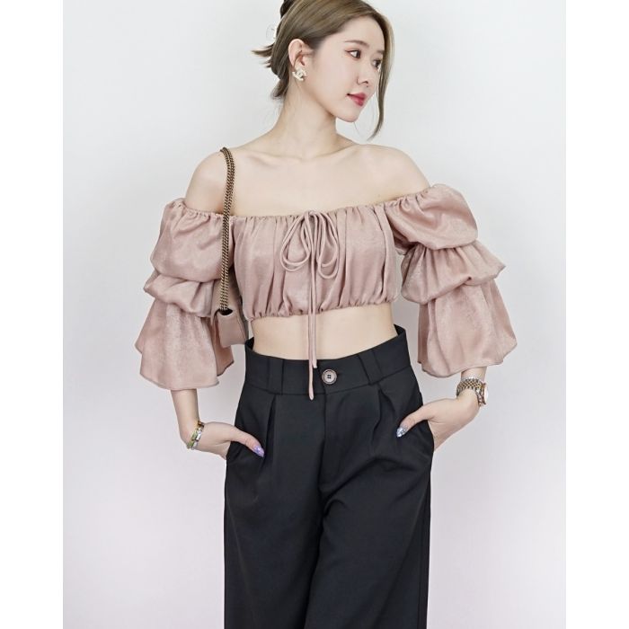 SUNDAZE MARBLE SATIN BOW CROP TOP-NUDE