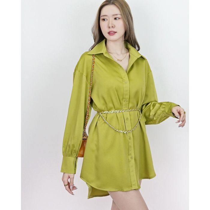 LUXE LEATHER CHAIN SATIN SHIRT DRESS-LIME