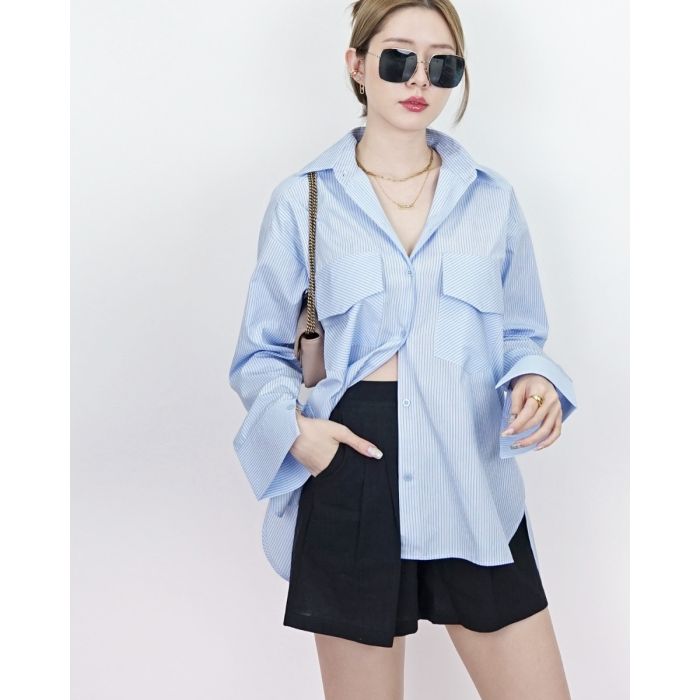 SUNDAY POCKET STRIPED OVERSIZED SHIRT-BLUE