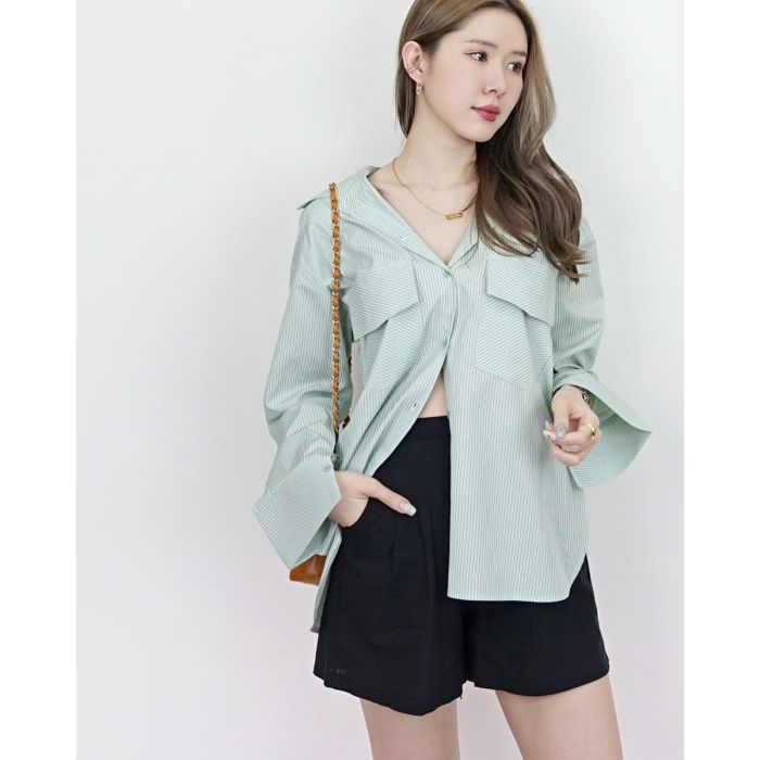 SUNDAY POCKET STRIPED OVERSIZED SHIRT-GREEN