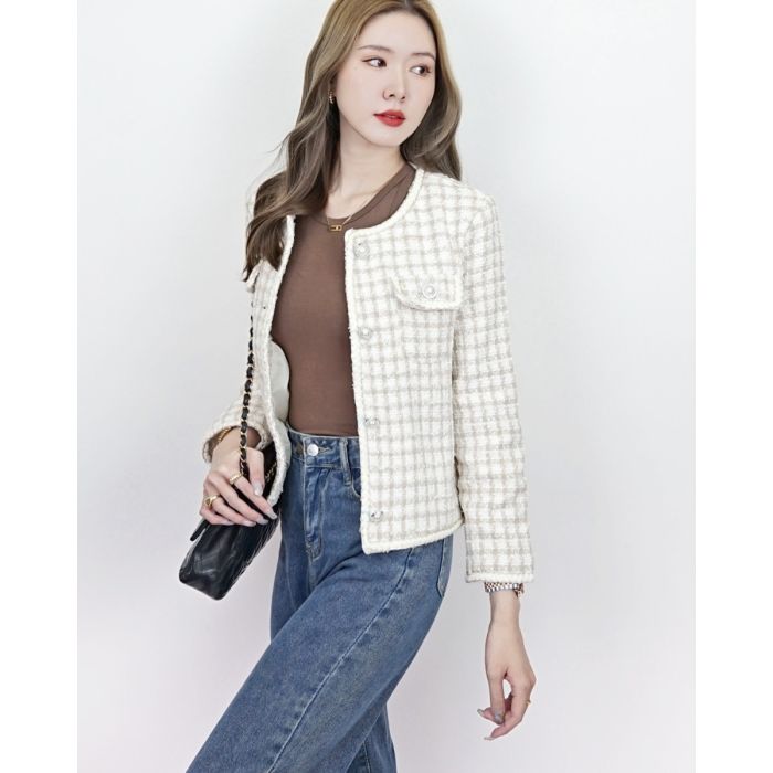 JODIE CHECKED TWEED JACKET-BEIGE