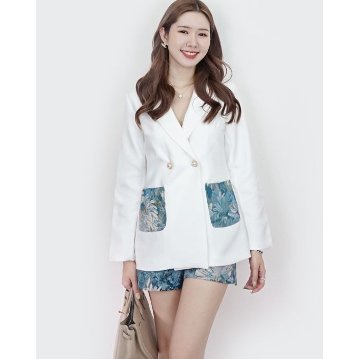 MURAL BROCADE BLAZER & SHORTS SUIT SET-S