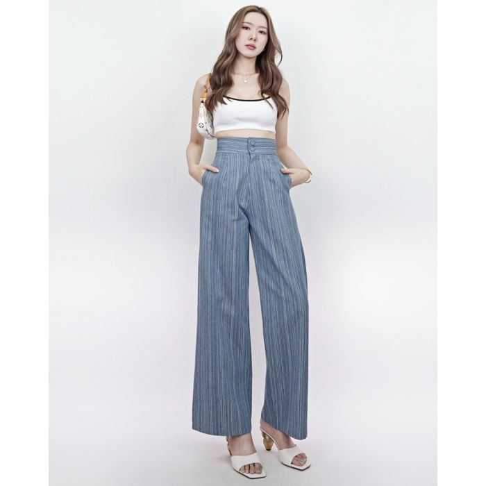 DOUBLE BUTTON STRIPED HIGH WAIST PANTS-S