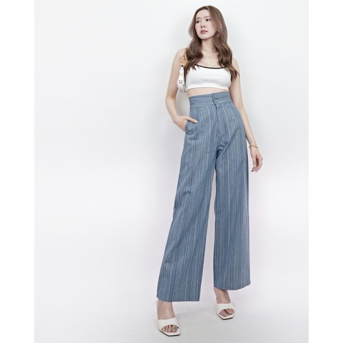 DOUBLE BUTTON STRIPED HIGH WAIST PANTS-M