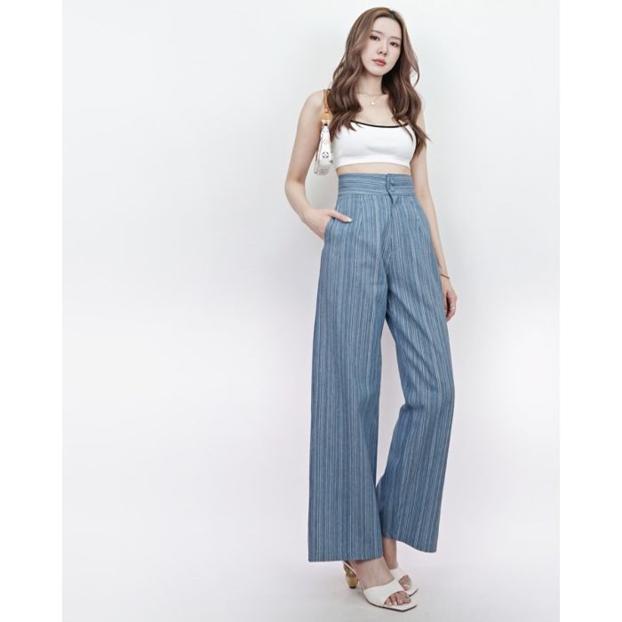 DOUBLE BUTTON STRIPED HIGH WAIST PANTS