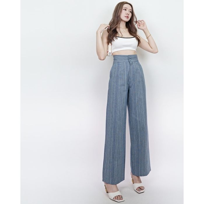 DOUBLE BUTTON STRIPED HIGH WAIST PANTS-L