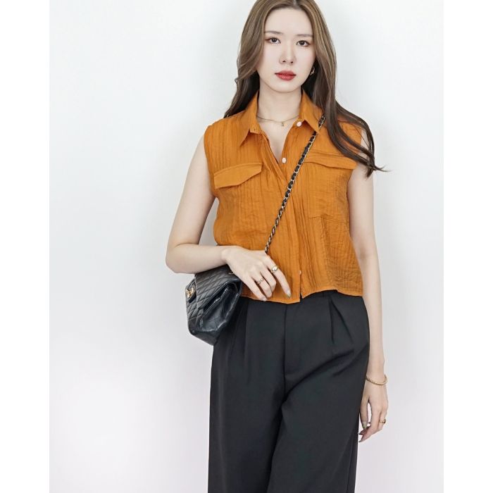 FREYA POCKET SLEEVELESS SHIRT-TAN