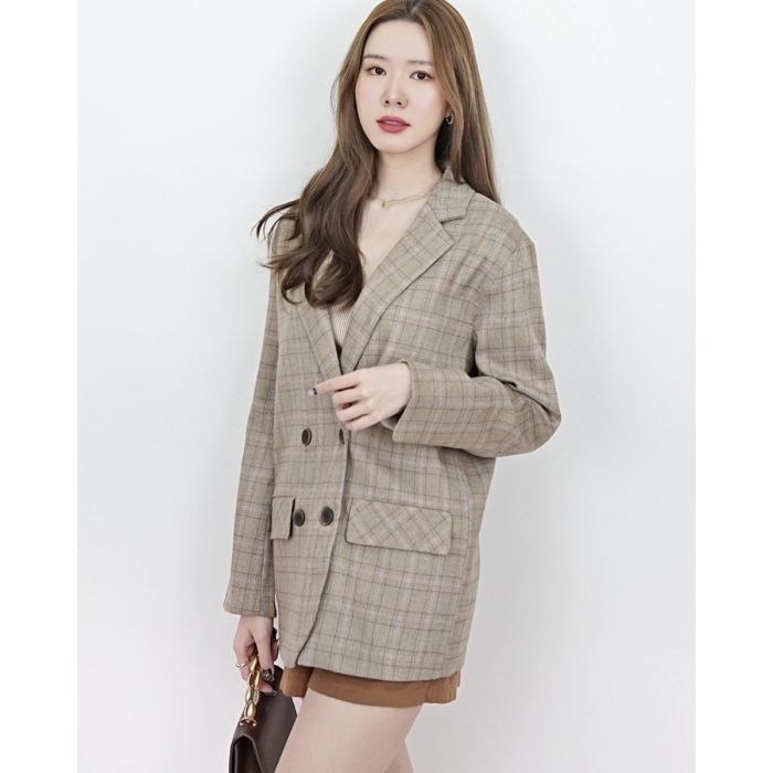 BERLIN DOUBLE BUTTON PLAID BLAZER-BROWN-M