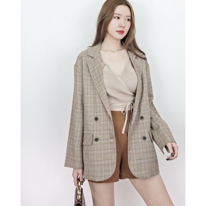 BERLIN DOUBLE BUTTON PLAID BLAZER-BROWN-L