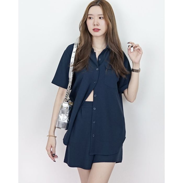 HARPER WAFFLE SHIRT & SHORTS SET-NAVY