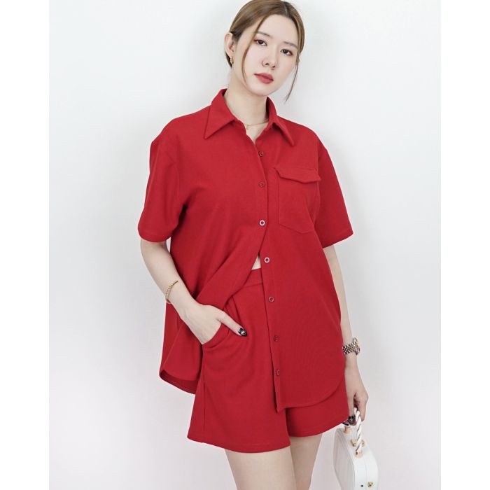 HARPER WAFFLE SHIRT & SHORTS SET-RED