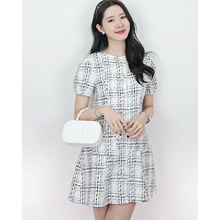 TINKLE TWEED SHORT SLEEVE DRESS-WHITE