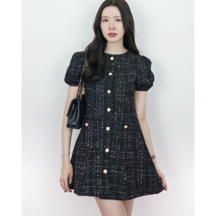 TINKLE TWEED SHORT SLEEVE DRESS-BLACK