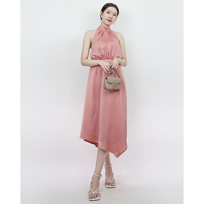 TUBEROSE BOW BACK SATIN MIDI DRESS-PINK