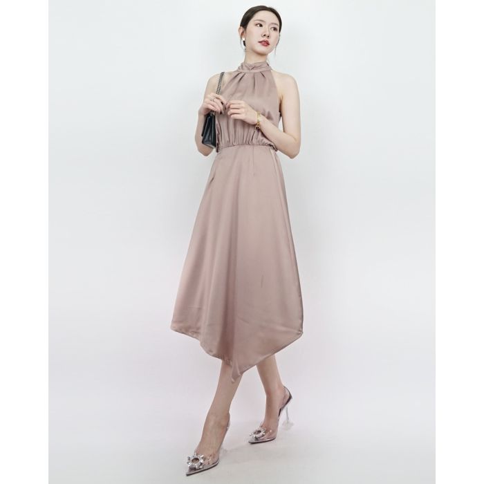 TUBEROSE BOW BACK SATIN MIDI DRESS-TAUPE