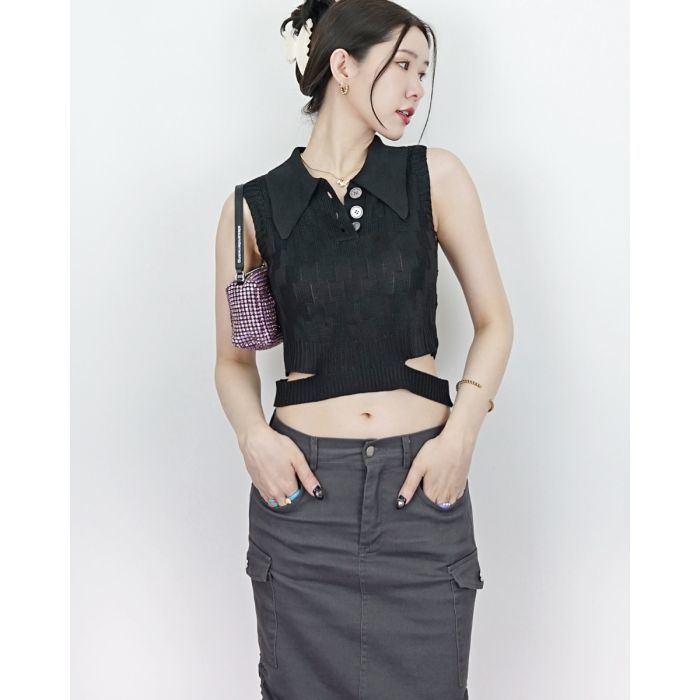 LAURENT CUT OUT WAIST KNIT TOP-BLACK