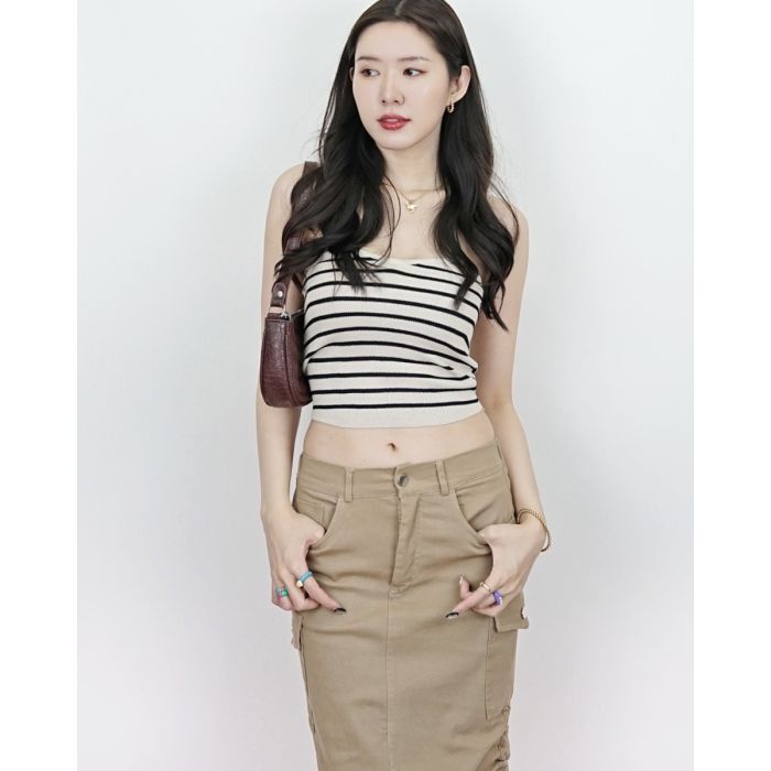 CURVE STRIPED KNIT TUBE TOP-BEIGE