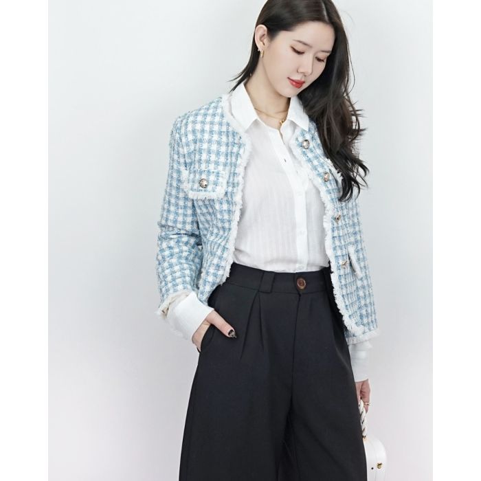 MACARON FLUFFY TWEED JACKET-BLUE