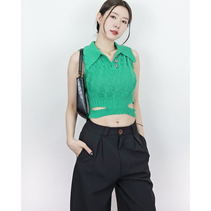 LAURENT CUT OUT WAIST KNIT TOP-GREEN