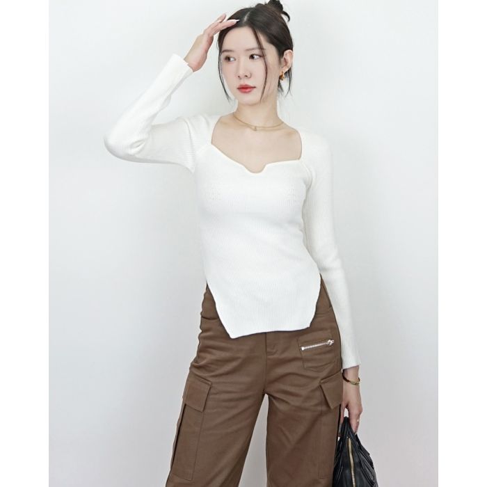 IRENE SPLIT RIBBED KNIT TOP-WHITE