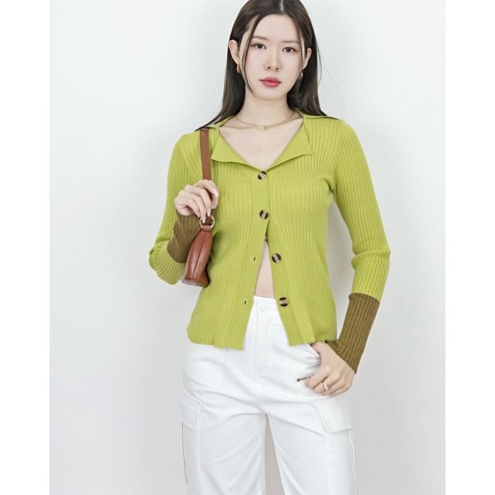 MADDEY COLOURBLOCK SLEEVE KNIT TOP-LIME