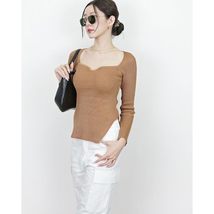 IRENE SPLIT RIBBED KNIT TOP-CARAMEL