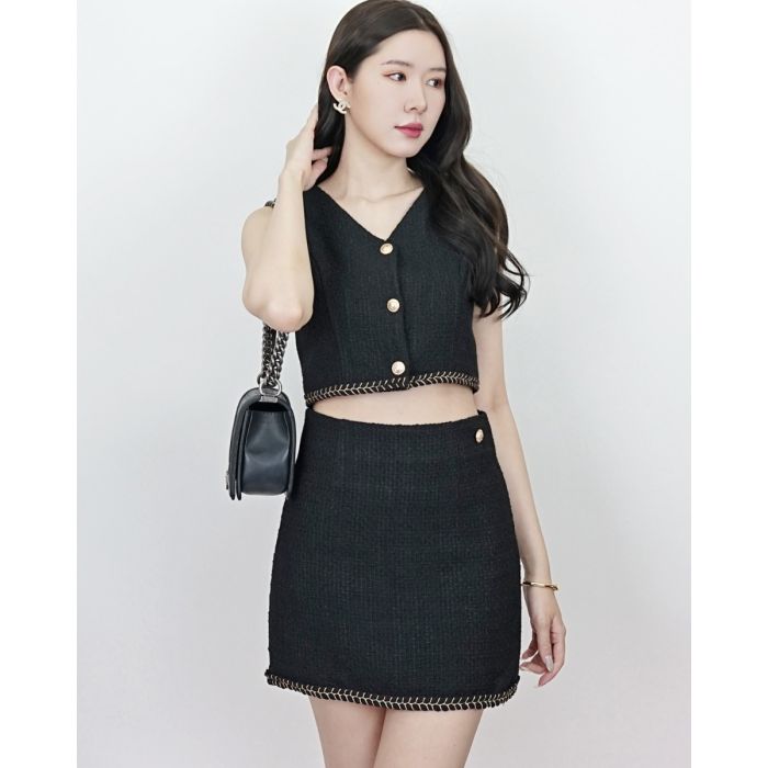 CAMELIA TWEED TOP & SKIRT SET-BLACK-M