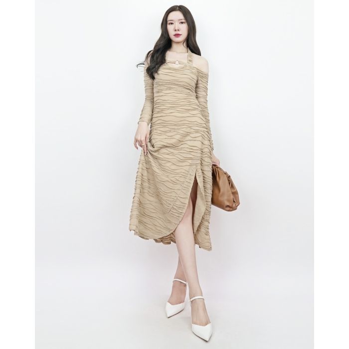 SNOW WAVE HOOP JERSEY MIDI DRESS-DARK BEIGE