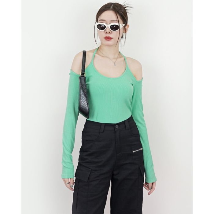 KARINA TIE NECK RIBBED TOP-MINT