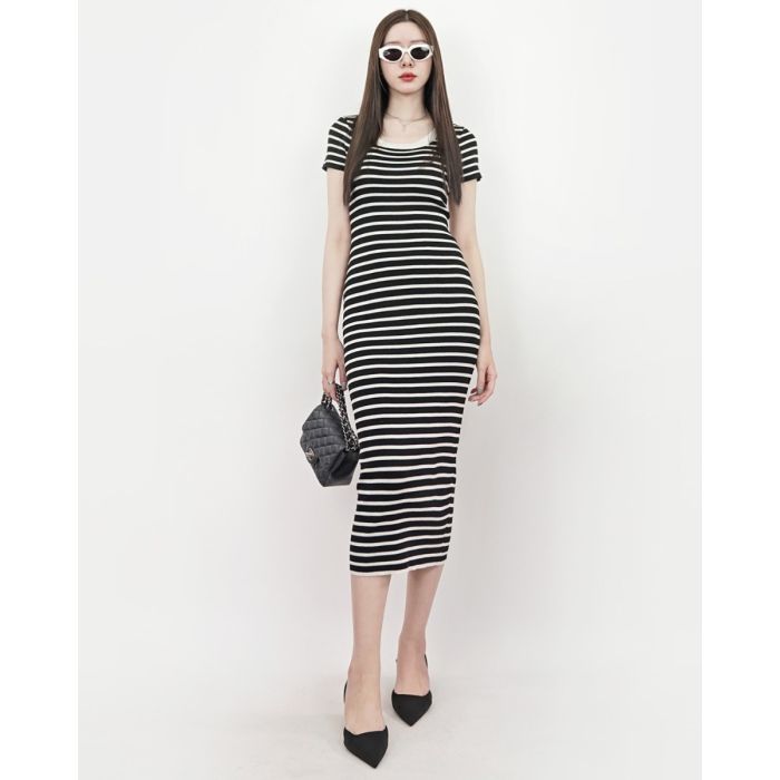 MELBOURNE STRIPED KNIT MIDI DRESS-BLACK