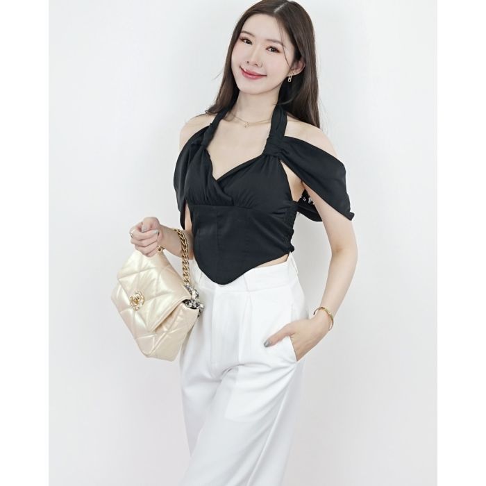 VIOLA HALTER OFF SHOULDER TOP-BLACK