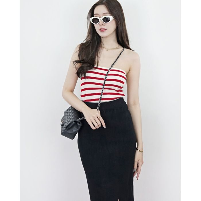 INTENSE STRIPED KNIT TUBE TOP-RED