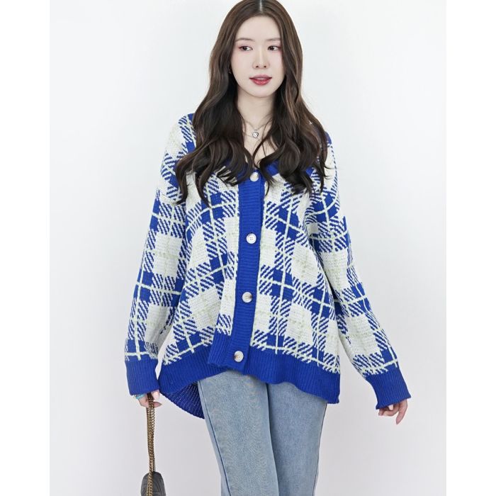 TORONTO PLAID KNIT OVERSIZED CARDIGAN-BLUE