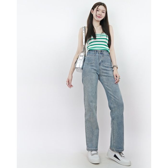 PATCH POCKET HIGHT WAIST DENIM PANTS-SKY-L