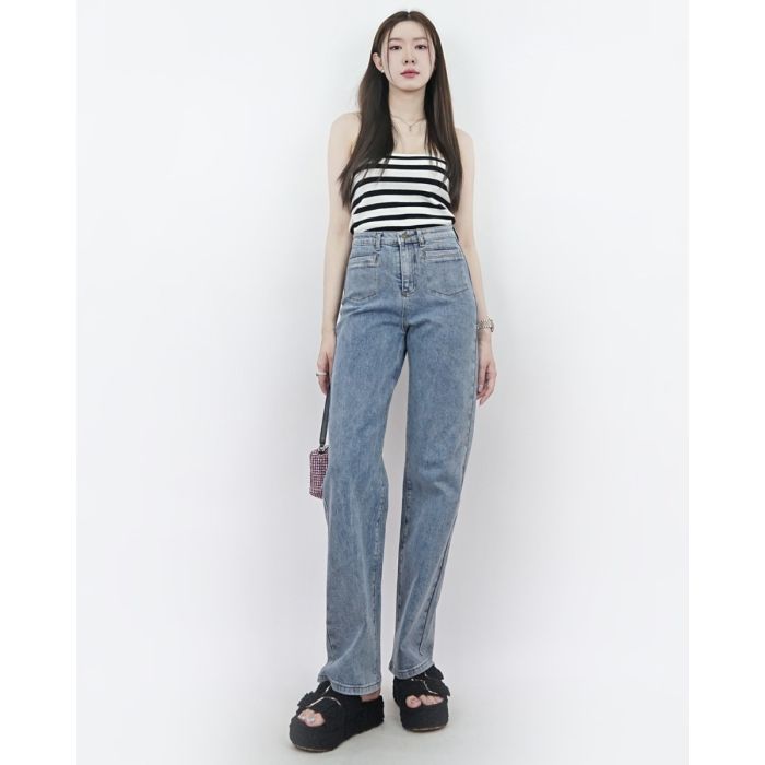 PATCH POCKET HIGHT WAIST DENIM PANTS-BLUE-M