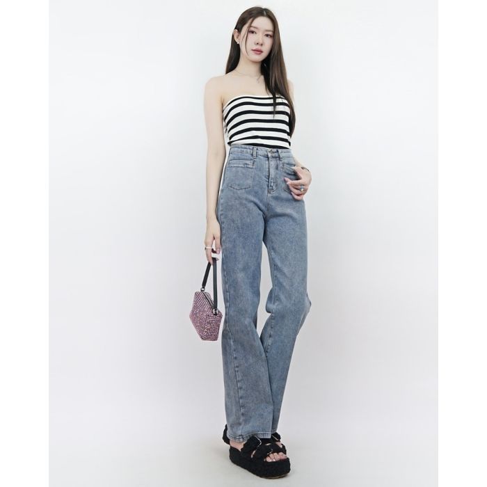 PATCH POCKET HIGHT WAIST DENIM PANTS-BLUE-S